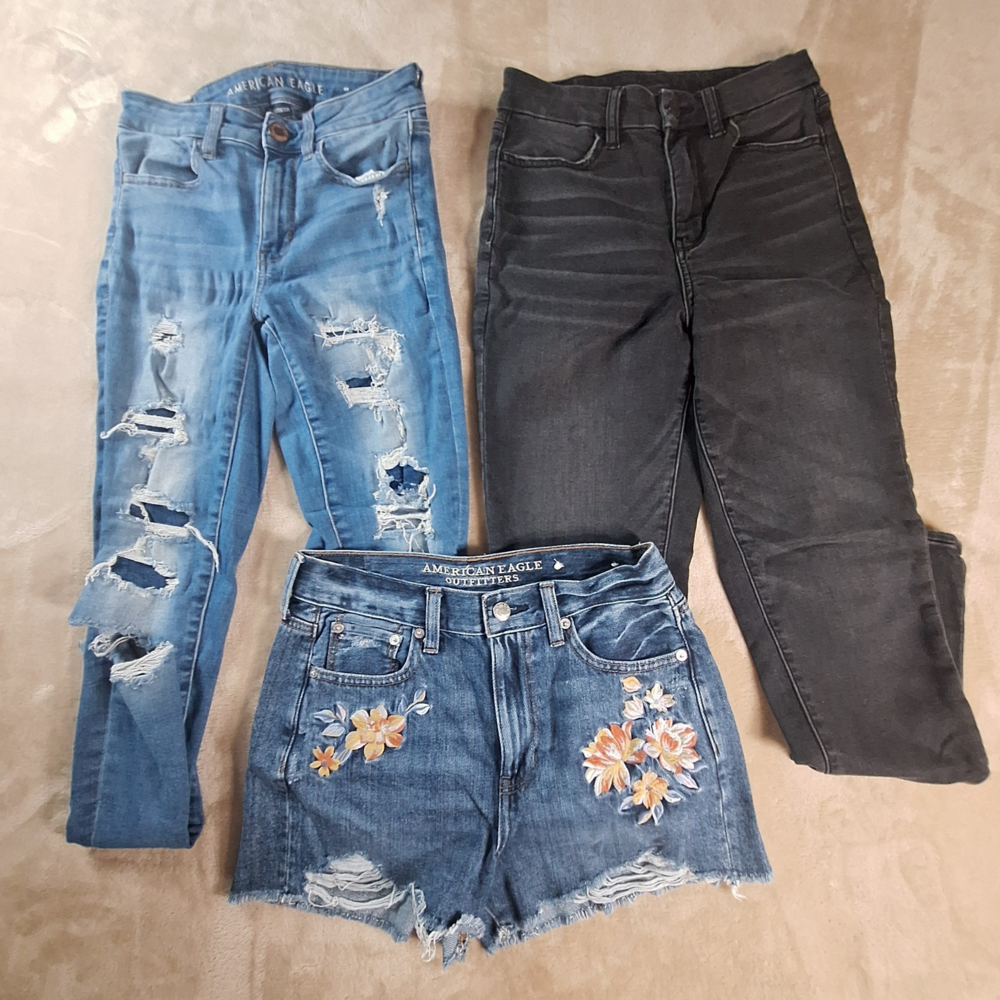 American Eagle Jeans Women's Size 2 Lot 3 Skinny Embroidered Flowers Mom